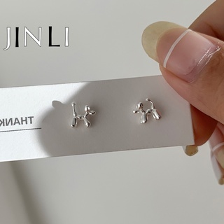 Jinli เครื่องประดับแฟชั่นสตรีต่างหูลูกโป่งสีเงินรูปสุนัข