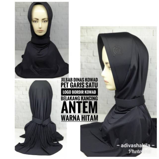Hitam สีดํา KOWAD HIJAB พร้อมปุ่มและโลโก้สายรัด