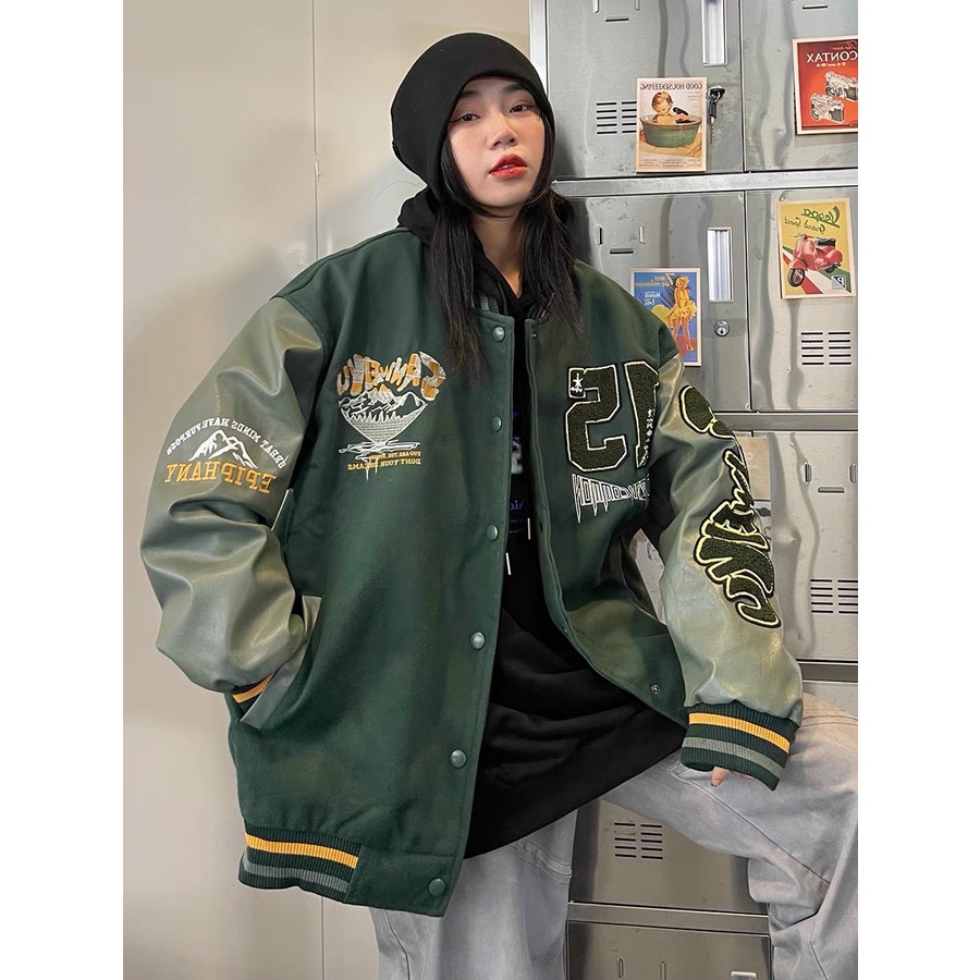 Bomber Varsity Khaki Jacket หนังมือเย็บปักถักร้อย Full Unisex ผู้ชายและผู้หญิง