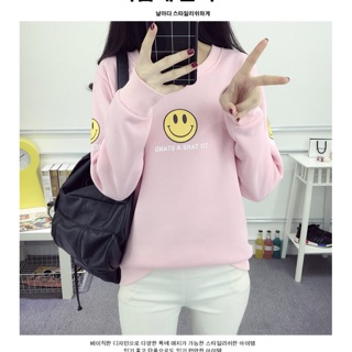 เสื้อแฟชั่น คอกลม แขนยาว บุกันหนาว ลาย smile To take a stand สีชมพู รหัสสินค้า 008038 ชมพู