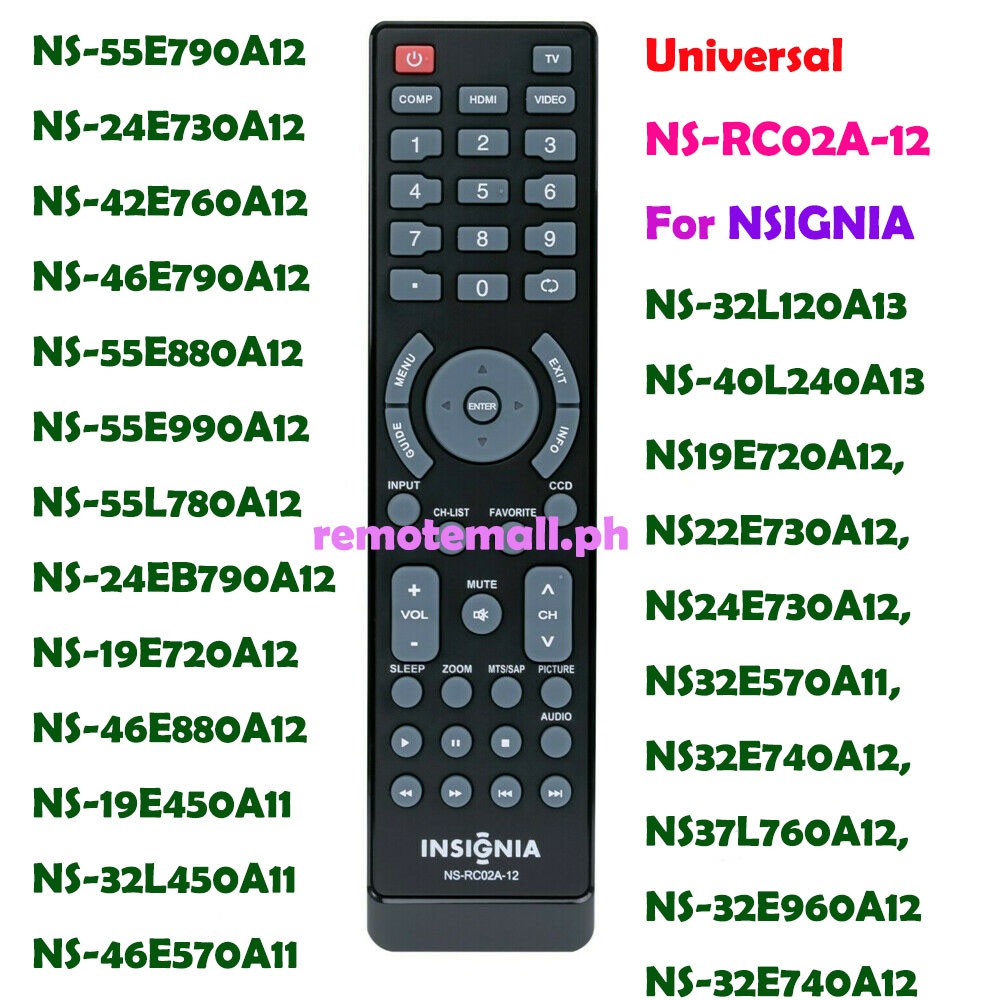 Nsignia รีโมตคอนโทรล NS-RC02A-12 สําหรับทีวี Insignia NS-32L120A13 NS-40L240A13 NS19E720A12 NS22E730