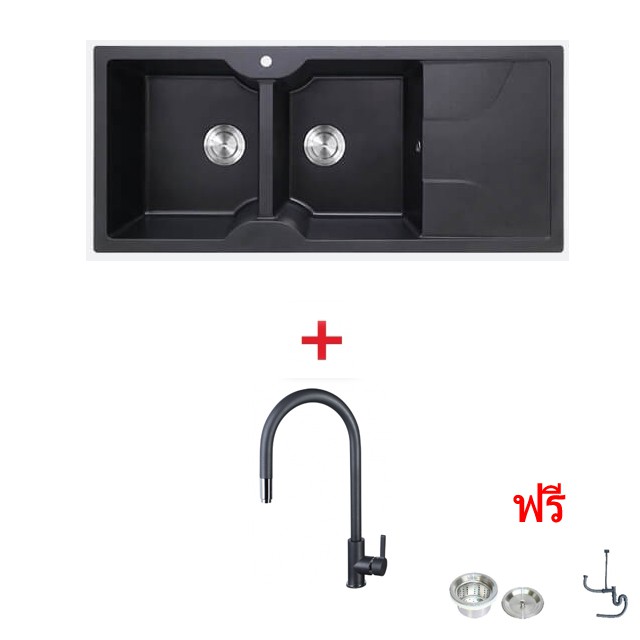 (Eve) ซิงค์ล้างจาน 2 หลุม หินแกรนิตสีดำ มีที่พัก EUROSTONE 1160/500 + ก๊อกน้ำ AZTAC II BLACK ฟรี อื่