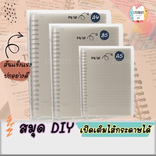 DIY สมุดเปิดสันเติมไส้กระดาษได้ สมุดแกนเหล็กขนาด A5, B5, A4 สมุดสันห่วงรุ่น 20รู, 26รู, 30รู ปกสมุดเติมไส้ได้ แฟ้มใส