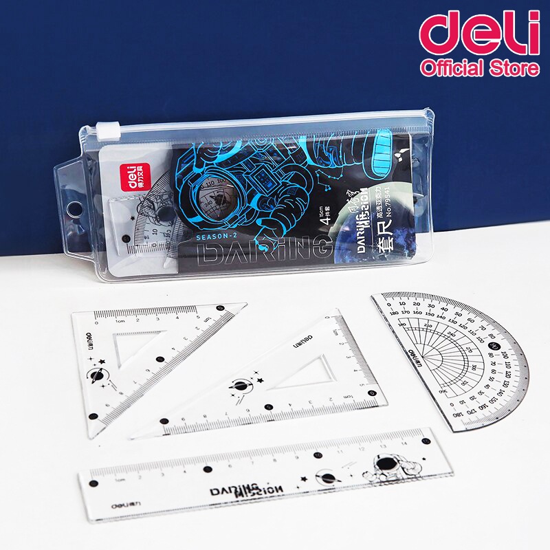 ชุดเรขาคณิต Deli เซ็ตเรขาคณิต ชุดวงเวียน ไม้บรรทัด ไม้โปรแทรกเตอร์ ชุดสามเหลี่ยม เครื่องเขียน แพ็ค 4 ชิ้น (คละสี 1 เช็ต)