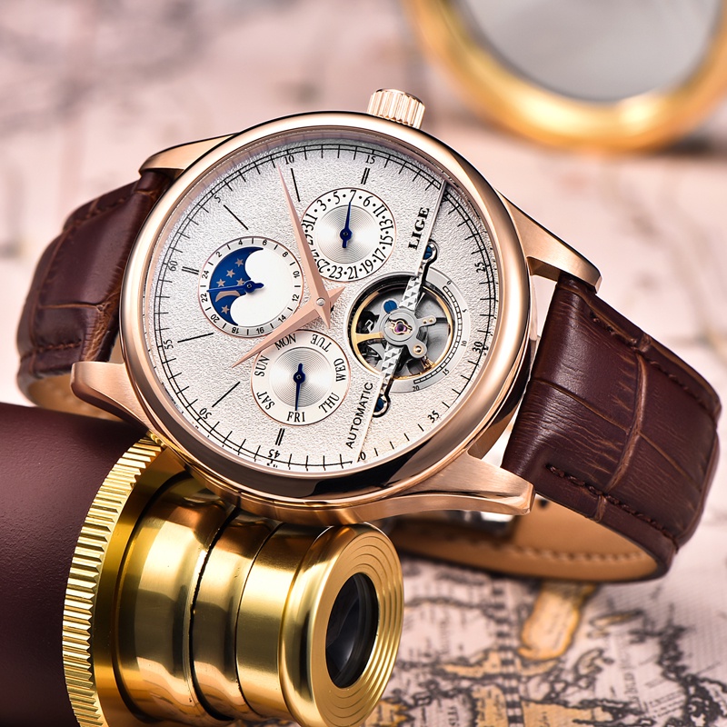 LIGE 2022 ผู้ชายนาฬิกาแบรนด์ชั้นนำบุรุษนาฬิกาจักรกลอัตโนมัติ Tourbillon โครงกระดูกนาฬิกาผู้ชาย