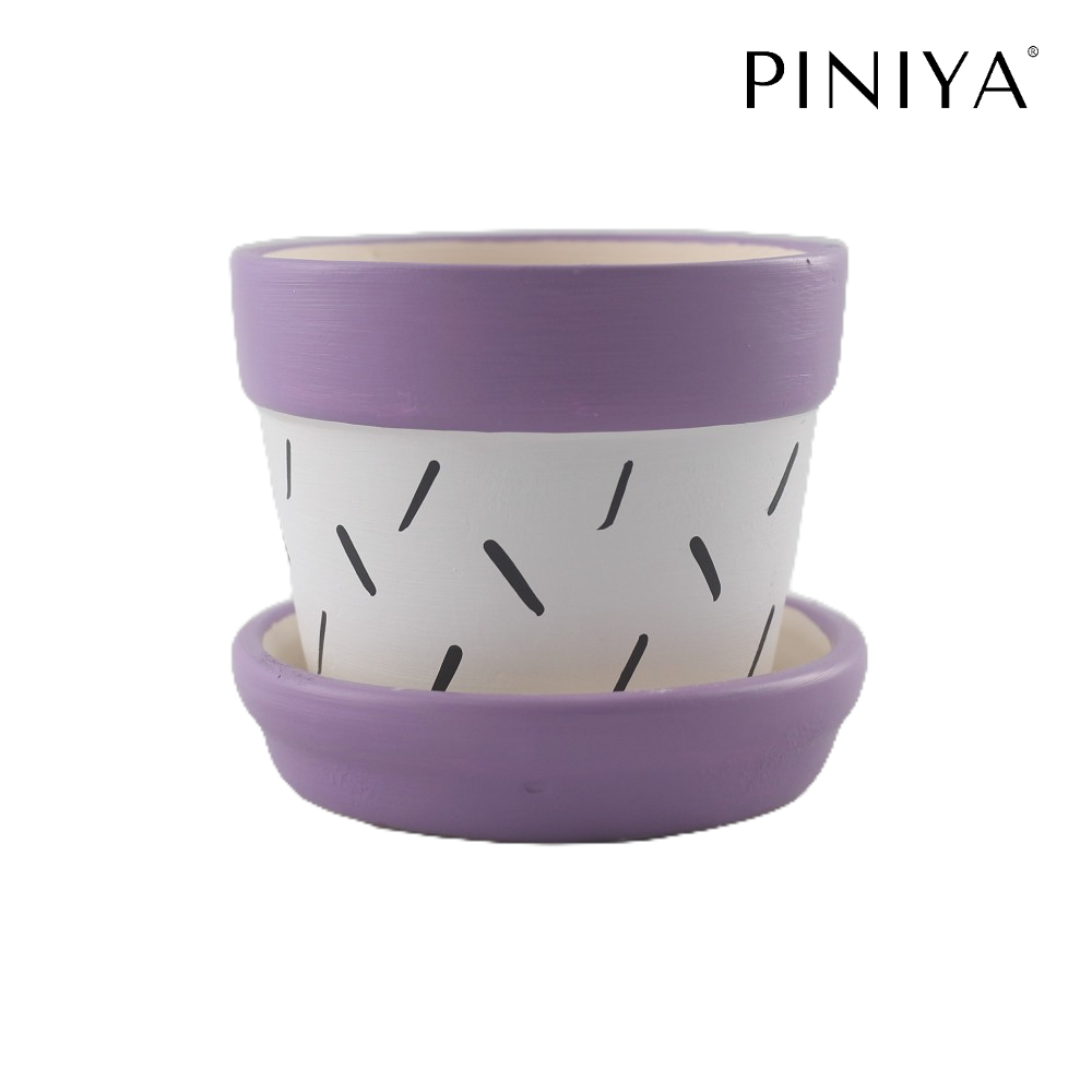 Piniya พินิยา - กระถางต้นไม้ ดินเผา รุ่น กลมใหญ่, 12ซม., ลาย Stroke, สี Violet (ม่วง), พร้อมจานรอง
