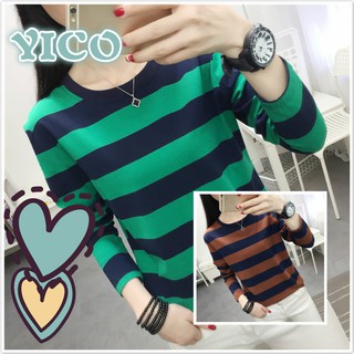 YICO 🌸 ริ้ว พร้อมส่ง เสื้อแขนยาวผู้หญิง สไตล์เกาหลี Oversized ไหล่ตก ผ้าคอตต้อน