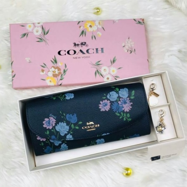 Coach ✔️กระเป๋าสตางค์โค้ชสีน้ำเงินลายดอกโบตั๋น พร้อมกล่อง | Boxed Slim Envelope Wallet with Painted 
