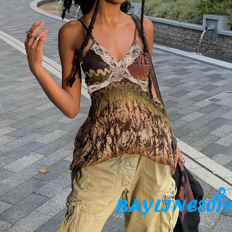 BAY-Indie Folk Print Cami Top Women Vintage Aesthetic Grunge Holiday Clothes Lace Trim V Neck Sleeveless Sexy Summer Clothes #5