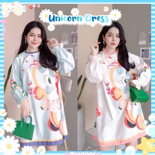 Unicorn Dress พร้อมส่ง มี2สี เดรสคอกลมลายม้า ยูนิคอร์น แขนยาวจั๊ม น่ารักๆ ทรงใหญ่ oversize เดรสลายดอกไม้ งานป้ายypy