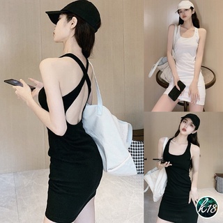 K18💜Korean มินิเดรสเสื้อกล้ามสีพื้น ด้านหลังแต่งไขว้ 2 สี ผ้าร่อง