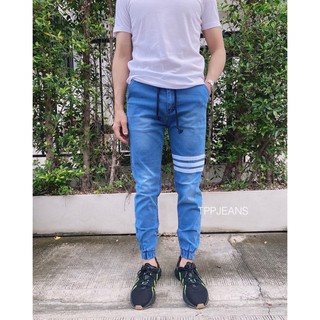 JXP Jogger Jeans กางเกงจ๊อกเกอร์ขาจั้ม เอวยางมีเชือก สีบลูฟอกแถบขา งานตัดเย็บอย่างดี Size 28-36 รับชำระปลายทางครับ