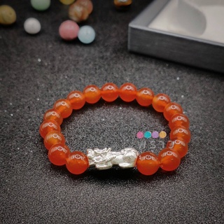 (พราว) ปี่เซียะเงินแท้+คาร์เนเลี่ยน (Carnelian) ขนาด 8 มม.หินประจำวันพฤหัสและเหมาะกับทุกราศี ผ่านการปลุกเสกเรียบร้อยแล้ว