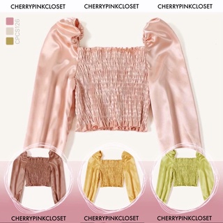 CHERRYPINK: CPCS126| BELLA IN PARIS in Bell Sleeve Shirred Satin Crop Top |XS S M L XL XXLสาวอวบอ้วน