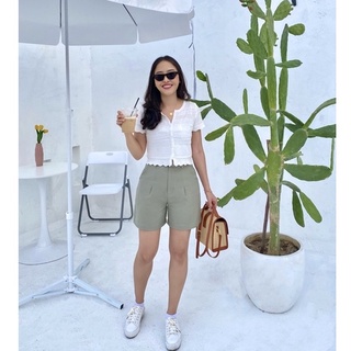 กางเกงขาสั้นเอวสูง ยาว 16นิ้ว พรางต้นขา GG Shorts สี Olive