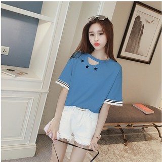 PA8459 เสื้อแฟชั่น คอกลมเปิดคอ ลายดาว แขนสั้นแต่งพู่
