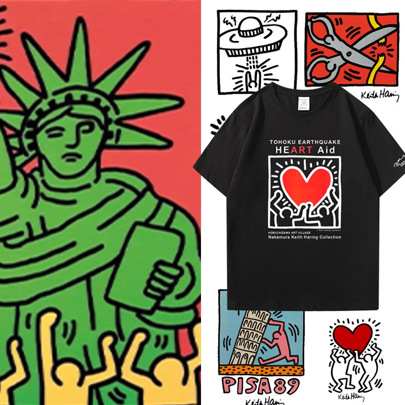 Keith Haring ร่วมแบรนด์ Keith Haring เสื้อยืดผู้ชายและผู้หญิงการออกแบบเฉพาะคู่นักเรียนแขนสั้น