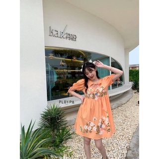 เดรสเว้าอกผูกโบว์คอ🧡สีส้ม🌼Mille Dresses🌻ป้าย ploypa