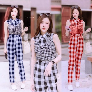 Set 2 ชิ้น เสื้อคอปกแขนกุดลายสก็อต + กางเกงขายาวลายสก็อต TT11515 Set of 2 pieces. Sleeveless plaid shirt + plaid pants.