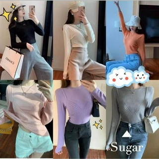 Sugar🌈พร้อมส่ง🌈เสื้อไหมพรม แขนยาวคอวี ผ้าหนา รัดรูปสวยมาก(11208)