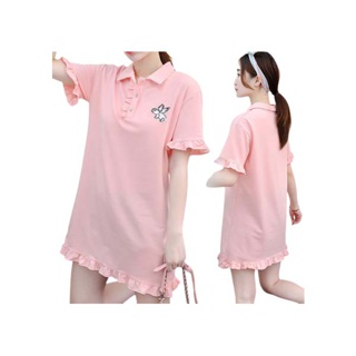 โปรโมชั่น : ☀Korean Style☀ ชุดเดรสคอปกแขนสั้น ปักลายหมูบิน แต่งระบาย