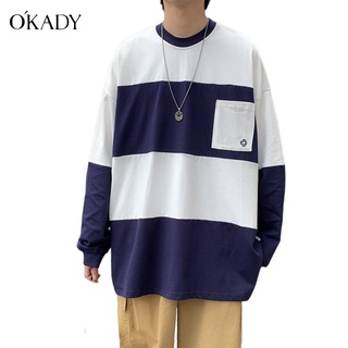 OKADY เสื้อผ้าแฟชั่นผู้ชาย เสื้อสเวตเตอร์ เสื้อกันหนาวผู้ชายแฟชั่นแขนยาวลายทางญี่ปุ่นหลวมสบาย ๆ เสื้อคู่รัก