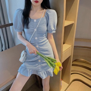 🍒KITTY Fashion Style🍒*พร้อมส่ง*เดรสรัดรูป แขนตุ็กตา ตกแต่งด้วยกระดุม หรูหราดูแพงมาก