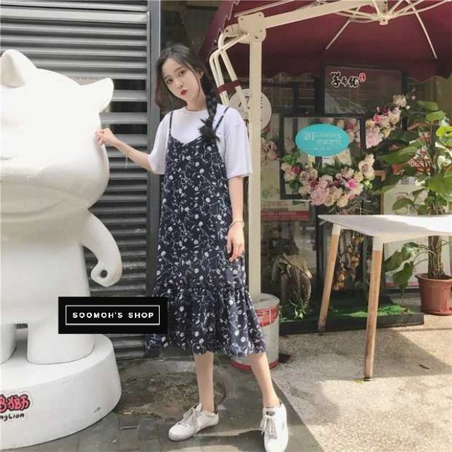 เดรสสายเดี่ยวผ้าชีฟอง น่ารัก ใส่สบาย ไม่ร้อน สีกรมท่า