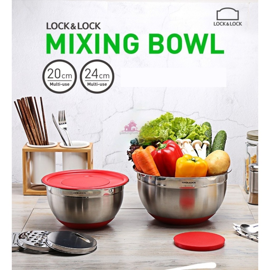 ชุดชามผสมตะแกรงผักสแตนเลส พร้อมฐานกันลื่น Lock&Lock 20/24cm Mix32x2