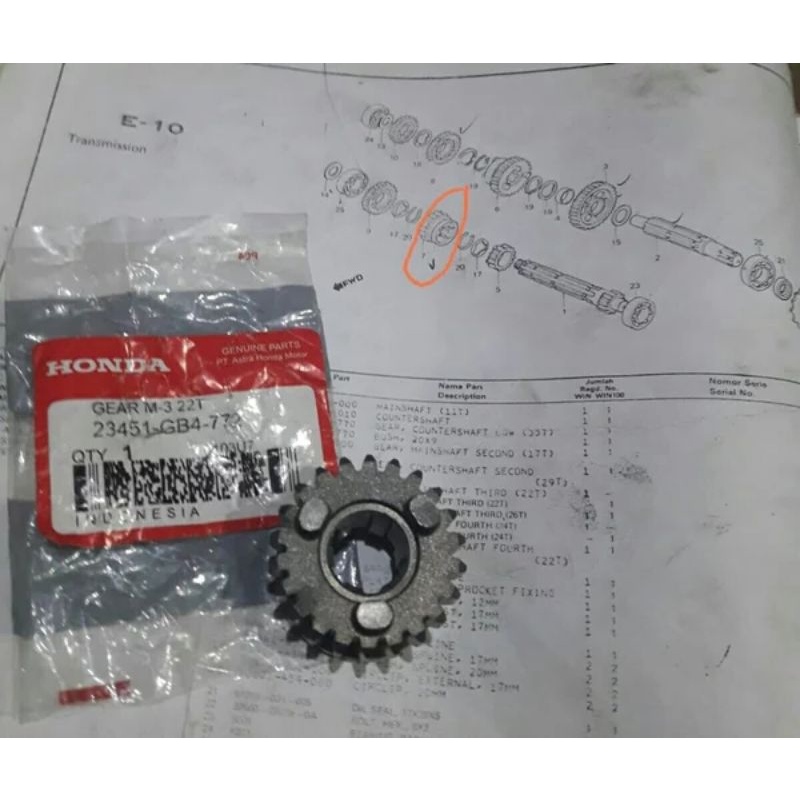 Gear M-3 22T หรือ Gear Ratio 22T Honda Win 100 รหัส 23451-GB4-770