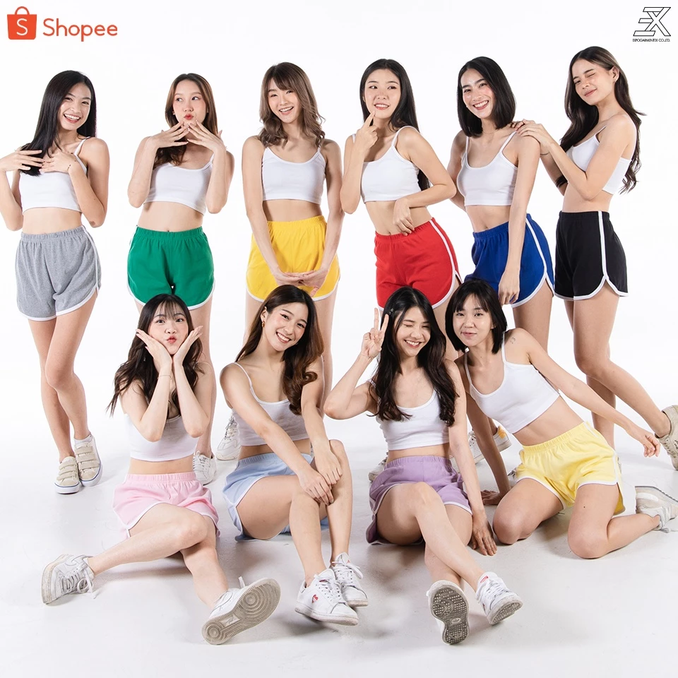 Expogarment กางเกงวอร์ม ขาสั้น แต่งแถบ เอวสูง เอวยางยืด กางเกงขาสั้น เอิร์ธโทน พาสเทล 12 สี