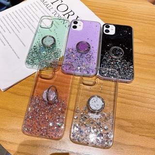 For iPhone 6 6S 7 8 Plus X XS MAX XR 11 Pro MAX Bling Glitter Silver Foil Star Soft TPU Phone Case With Finger Ring Bracket