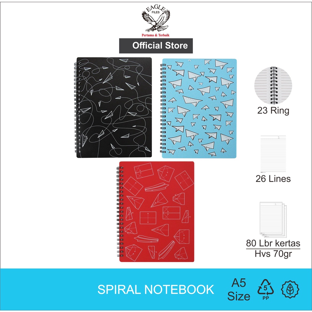 TOMEX A5 Spiral Notebook, สมุดไดอารี่, PAPER PLANE Motif, 80 แผ่น