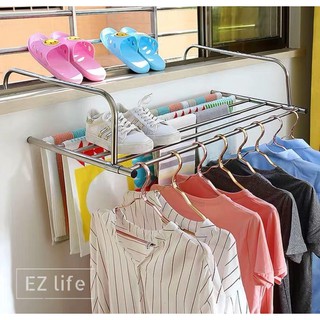 EZ ราวตากผ้าพับเก็บได้ ราวตากผ้าสแตนเลส ขยายได้ถึง 85cm Stainless Balcony Foldable Rack