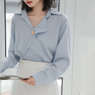 4สี เสื้อเชิ้ตคอวี ใส่ทำงาน สีพื้น ใส่ได้ทุกโอกาส เสื้อแขนยาวผู้หญิง ผ้าชีฟอง