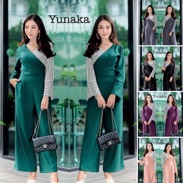 Yunaka จั๊มสูท ชุดจั๊ม ชุดออกงาน ตัดสีทูโทน ลายริ้ว ชุดทำงาน ขายาว