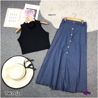 TW3952 Set 2 ชิ้น เสื้อคอเต่าแขนกุด มีซิปด้านหลัง ผ้าคอตตอลแมงโก้ กระโปรงยีนส์เทียมติดกระดุมหน้า มีกระเป๋าล้วง 2 ข้าง