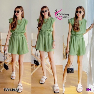 TW14923 Jumpsuit จั๊มสูทขาสั้น คอกลม แขนล้ำ สม็อกเอว ซิปหลัง มีกระเป๋าข้างสองข้าง ผ้าลินินเนื้อดี ทรงน่ารักมากก