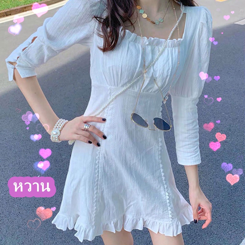 Intelscore ชุดเดรสแขนยาวสีขาวสไตล์ INS เดรสคอเดียวหวานและสง่างาม เดรสทรงสลิม Women Dress