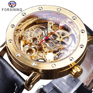 Forsining 2018 Fashion Luxury Golden Watches Black Genuine Leather Band Openwork Clock Mens Automatic Watches Top Brand