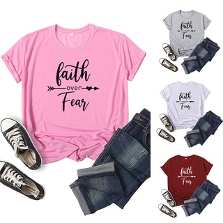 เสื้อยืดแขนสั้น คอกลม พิมพ์ลายตัวอักษร Faith Over Fear สําหรับผู้หญิง DW278