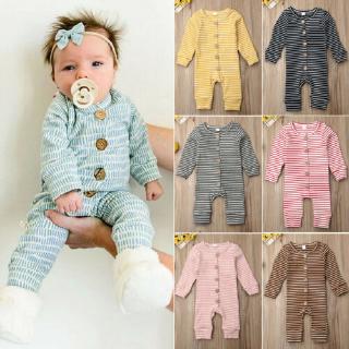 ✨QDA-New Fashion Cute Baby Boy Girl Stripe Long Sleeve Single Breasted Jumpsuit Outfit