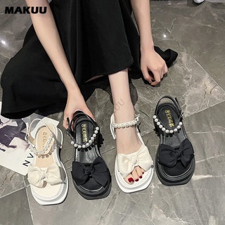 Makuu รองเท้าแตะแพลตฟอร์ม เปิดนิ้วเท้า ประดับโบว์ และไข่มุก กันลื่น เข้ากับทุกการแต่งกาย แฟชั่นฤดูร้อน สําหรับผู้หญิง