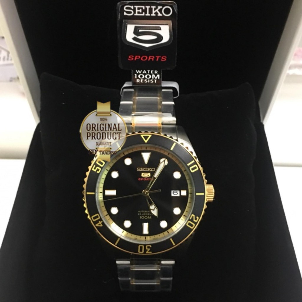 SEIKO SPORTS 5 Automatic นาฬิกาข้อมือผู้ชาย 2กษัตริย์ หน้าปัดสีดำ สายสแตนเลส รุ่น SRPB94K1