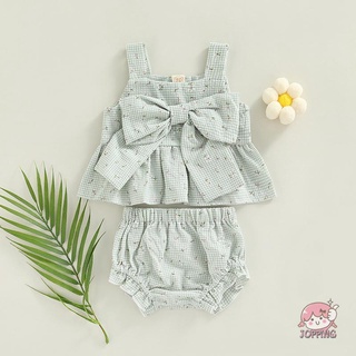 JOP-Baby Girl 2 Pcs Outfits Set Plaid Pattern Floral Printed Bowknot Suspender Tops Shorts