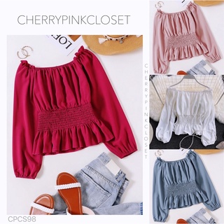 CHERRYPINK: CPCS98| MARTINS Shirred Waisted Frill Trim Peplum Blouse |XS S M L XL XXLสาวอวบอ้วน