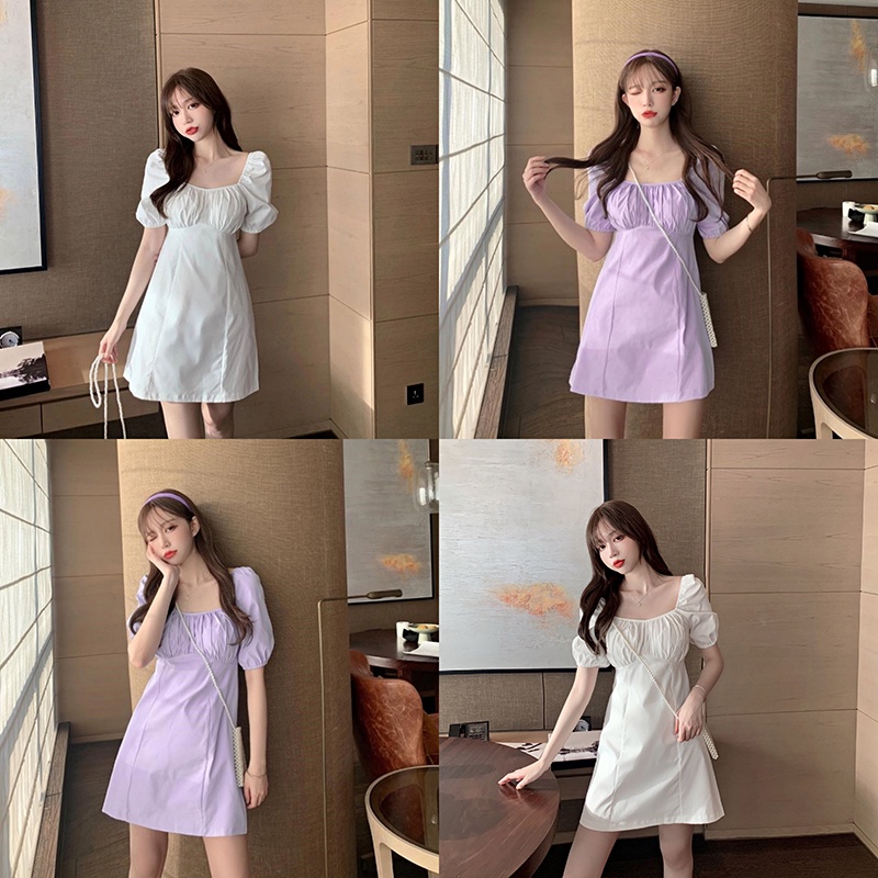 สไตล์ฝรั่งเศสย้อนยุคน่ารักหวานพัฟแขนชุดสีขาว ชุดเดรสสั้น ชุดเดรสสั้นเหนือเข่า เนื้อผ้าใส่สบาย