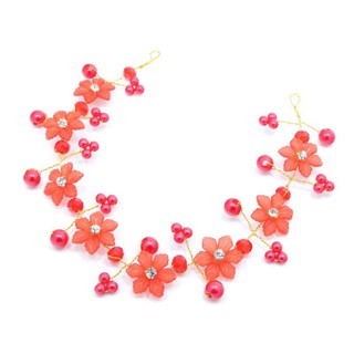 ที่คาดผมดอกไม้ขนาดกลางประดับมุกและคริสตัล สีแดง - Medium Flower Resin Pearl Crytal Bridal Headband