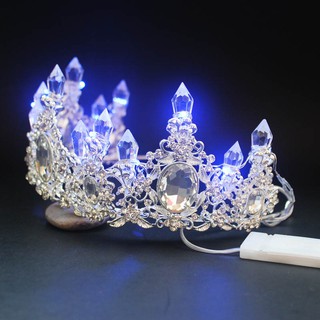 New Big Baroque LED Tiara Women Crystal Floral Headdress Rhinestone Light Crown