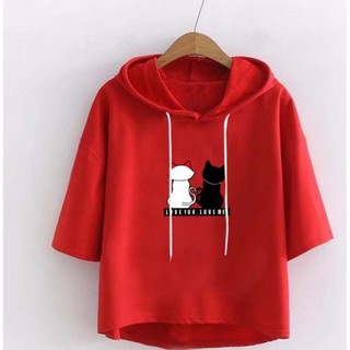 เสื้อแฟชั่นแขาสั้น มีฮู๊ดลายแมว  มี 5 สี 4ไซส์
